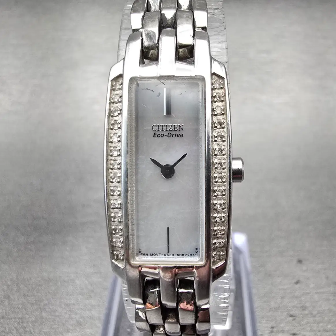 Citizen Eco-Drive Watch Women 15mm MOP Dial Silver Tone Gemmed G620-S057591 Runs0