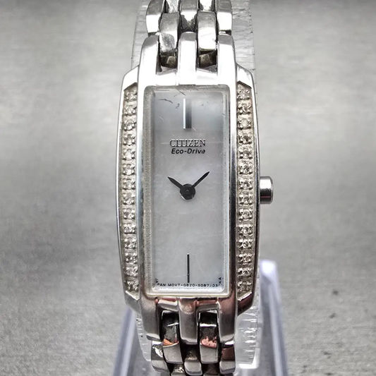 Citizen Eco-Drive Watch Women 15mm MOP Dial Silver Tone Gemmed G620-S057591 Runs0