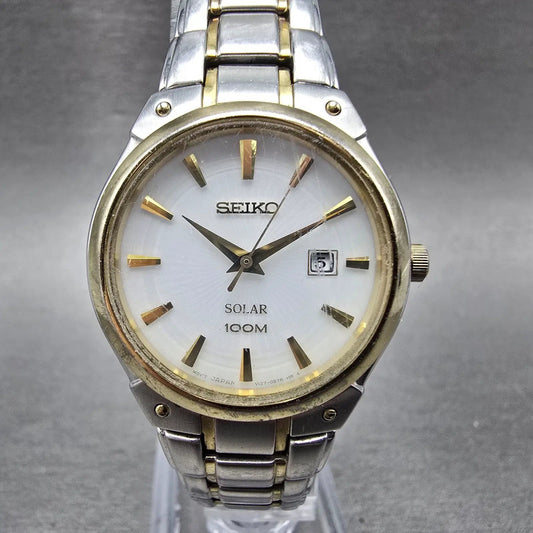 Seiko Solar Watch Women 30mm White Dial Two Tone Date Round V137-0AX0 Runs0