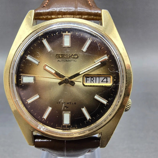 Seiko Automatic Watch Men 38mm Brown Dial Gold Tone Daydate 7009-8049 Runs0