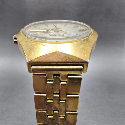 Bulova Automatic Watch Men 35mm Silver Dial Gold Tone Daydate Round N7 PARTS VTG6