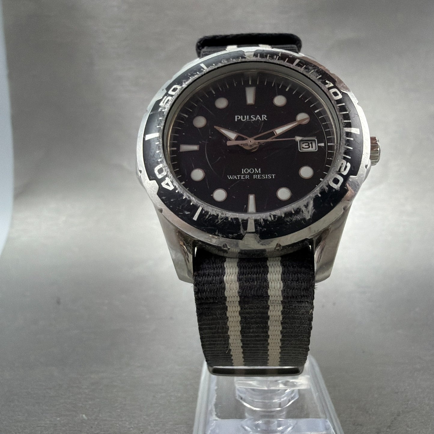 Seiko Pulsar Dive Watch Men 42mm Black Dial Silver Tone Date VX42-X062 New Batt5