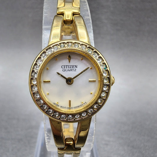 Citizen Watch Women 20mm MOP Dial Gold Tone Crystal Bezel Round New Battery