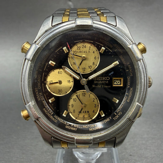 Seiko World Time Watch Men 39mm Black Dial Two Tone Date 5T52-6B29 PARTS0