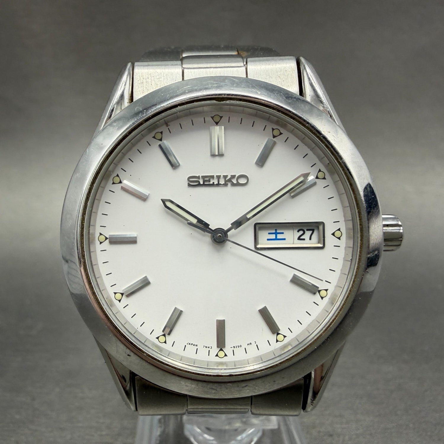 Seiko Watch Men 37mm White Dial Silver Tone Daydate Round 7N43-9080 New BatteryG0