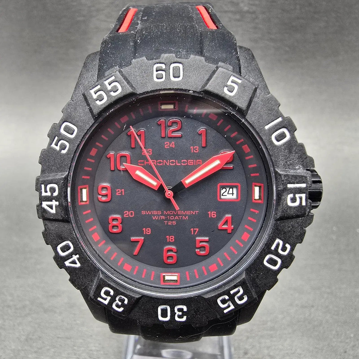 Chronologia Watch Men 45mm Black Dial Black Red Date Round New Battery0
