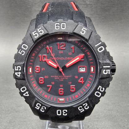 Chronologia Watch Men 45mm Black Dial Black Red Date Round New Battery0