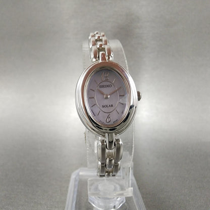 Seiko Solar Watch Women 18mm MOP Dial Silver Tone Oval V1105a20 Runs5