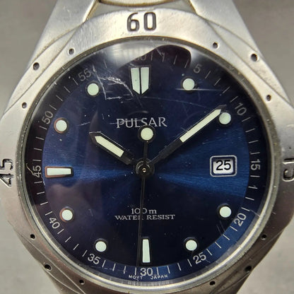 Pulsar Dive Watch Men 36mm Blue Dial Silver Tone Date Round V732-X206 PARTS2