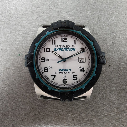 VTG Timex Expedition Watch Men White Dial Silver Tone Date Indiglo 1999 New Batt