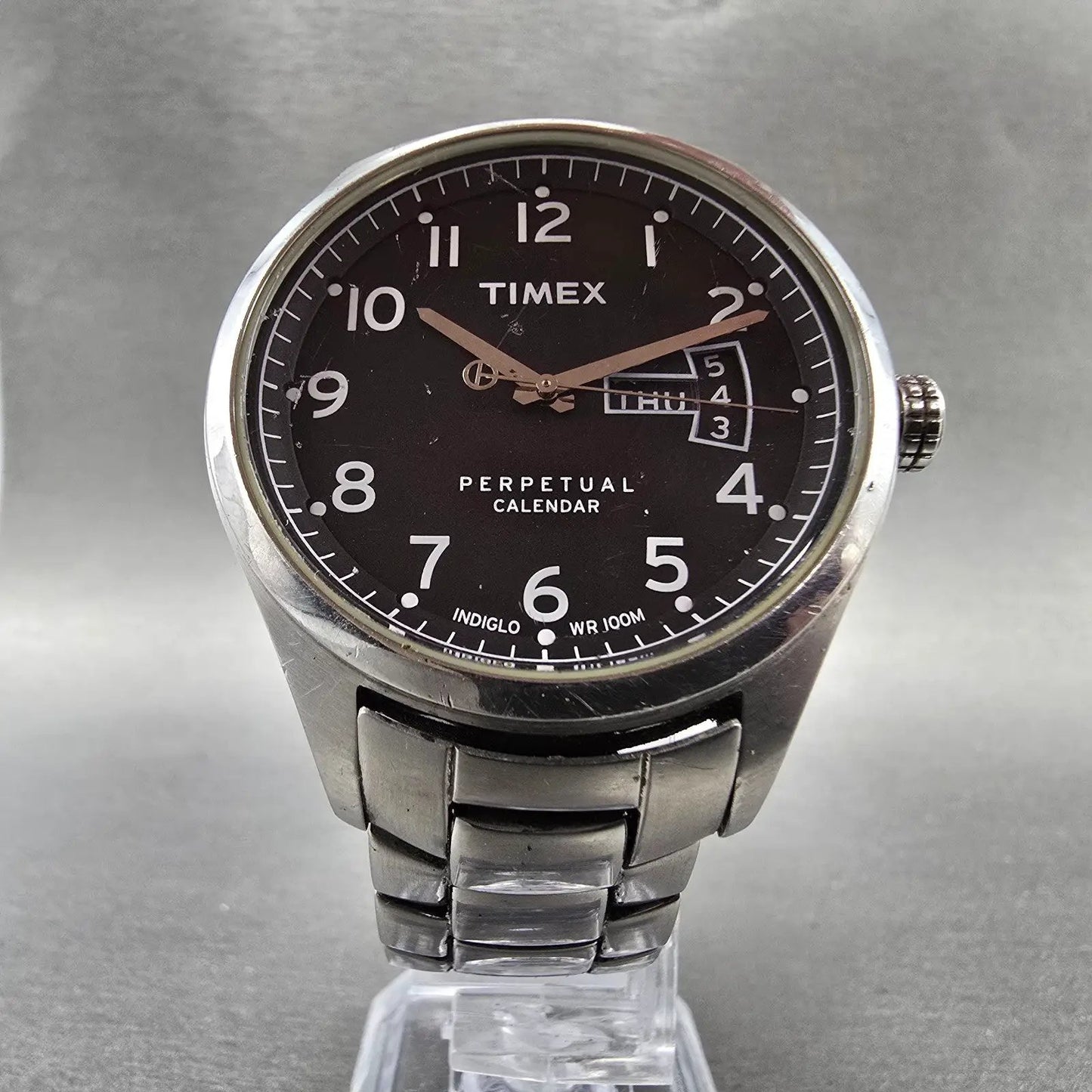 Timex Perpetual Calendar Watch Men 40mm Black Dial Silver Tone Daydate New Batt5