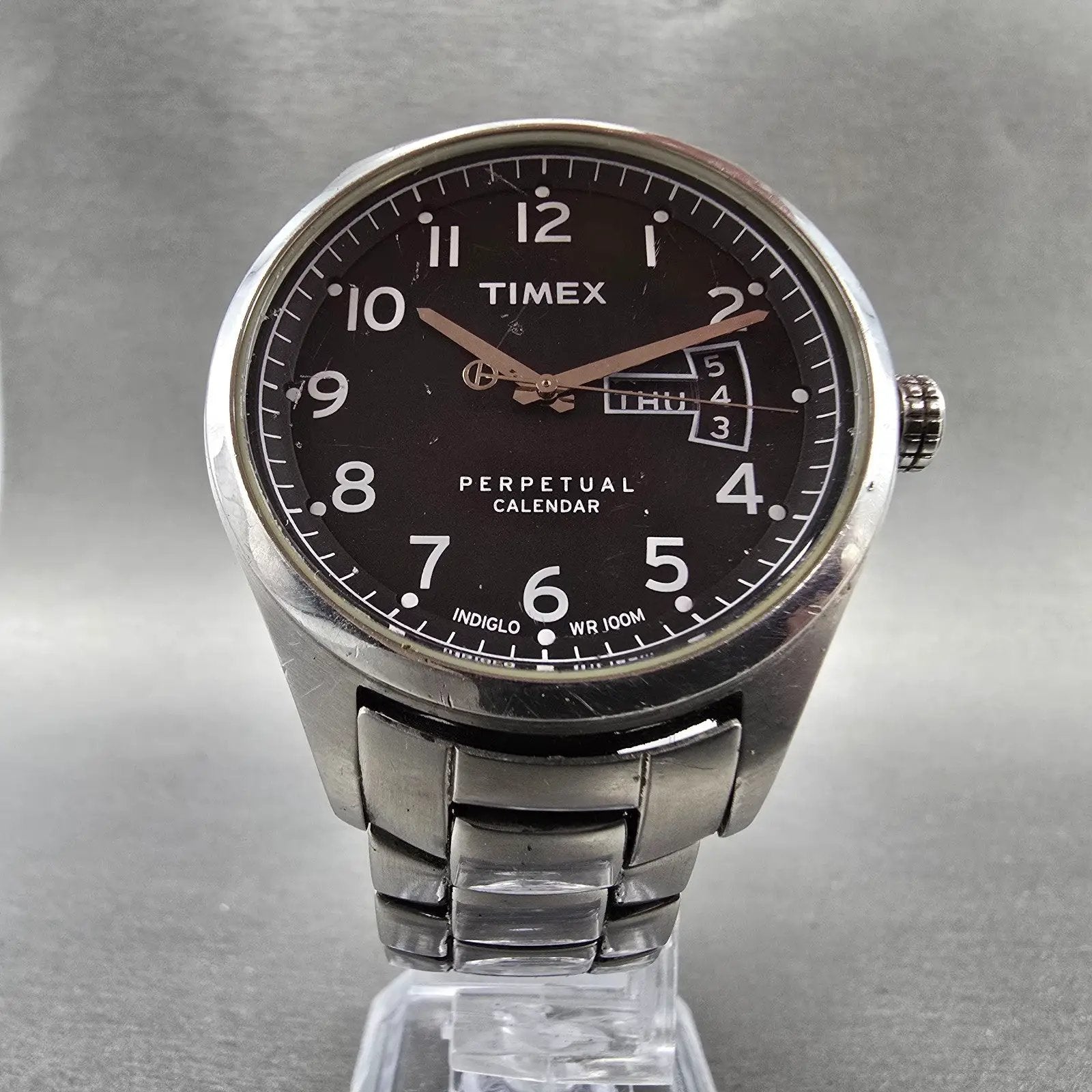 Timex Perpetual Calendar Watch Men 40mm Black Dial Silver Tone Daydate New Batt5