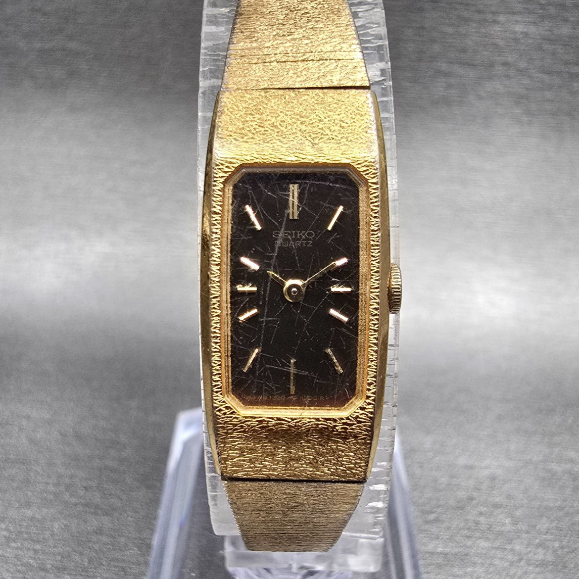 Seiko Watch Women 12mm Brown Dial Gold Tone Rectangle 1320-5990 New Battery0