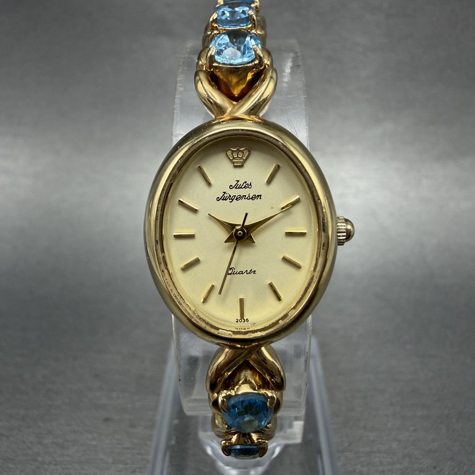 Jules Jurgenson Watch Women 19mm Cream Dial Gold Tone Oval Blue Topaz New Batt0