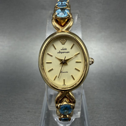Jules Jurgenson Watch Women 19mm Cream Dial Gold Tone Oval Blue Topaz New Batt0