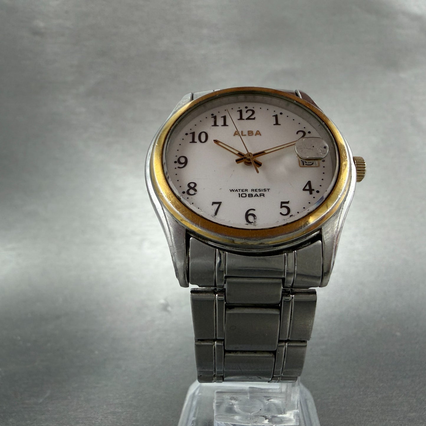Seiko ALBA Watch Men 36mm White Dial Two Tone Date Round 7N42-0AD0 PARTS6