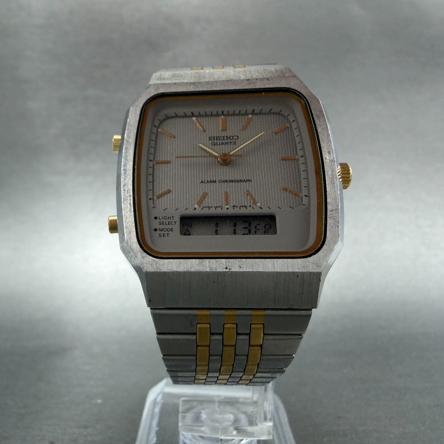 Seiko Analog Digital Watch Men 33mm Gray Dial Two Tone Rectangle H601 NewBat5