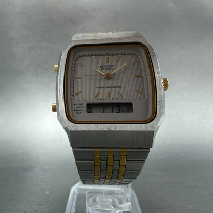 Seiko Analog Digital Watch Men 33mm Gray Dial Two Tone Rectangle H601 NewBat5