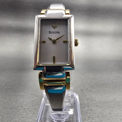 Bulova Watch Women 18mm MOP Dial Two Tone Rectangle Bangle 98L149 New Battery5