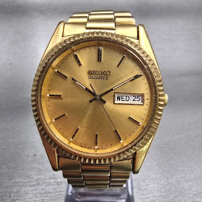 Seiko President Watch Men 35mm Gold Dial Gold Tone Daydate 7N43-8111 New Battery0