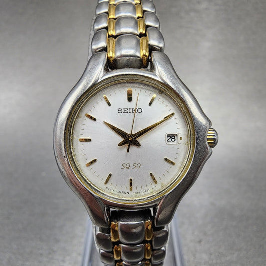 Seiko SQ 50 Watch Women 25mm White Dial Two Tone Date 7n820301 New Battery0