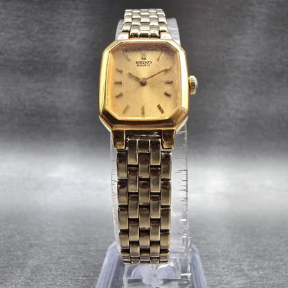 Seiko Watch Women 17mm Gold Dial Gold Tone Rectangle V400-5608 New Battery VTG5