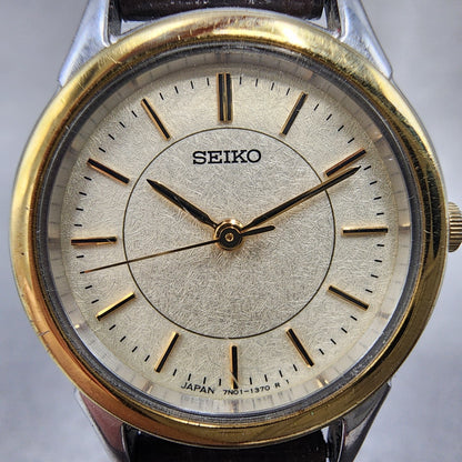 Seiko Watch Women 24mm Champagne Dial Two Tone Round 7n016881 New Battery1