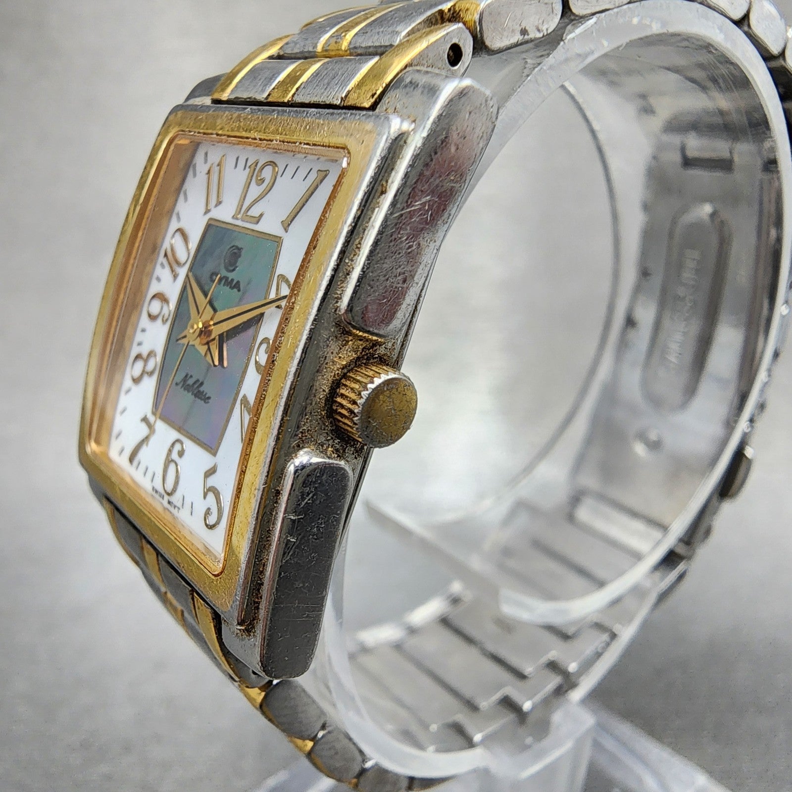 Cyma Noblesse Tank Watch Women 22mm MOP Dial Two Tone Rectangle New Battery2