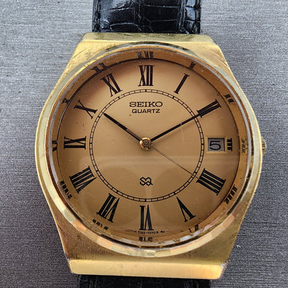 VTG Seiko SQ Watch Men 33mm Gold Dial Gold Tone Daydate Round 7122-7049 PARTS
