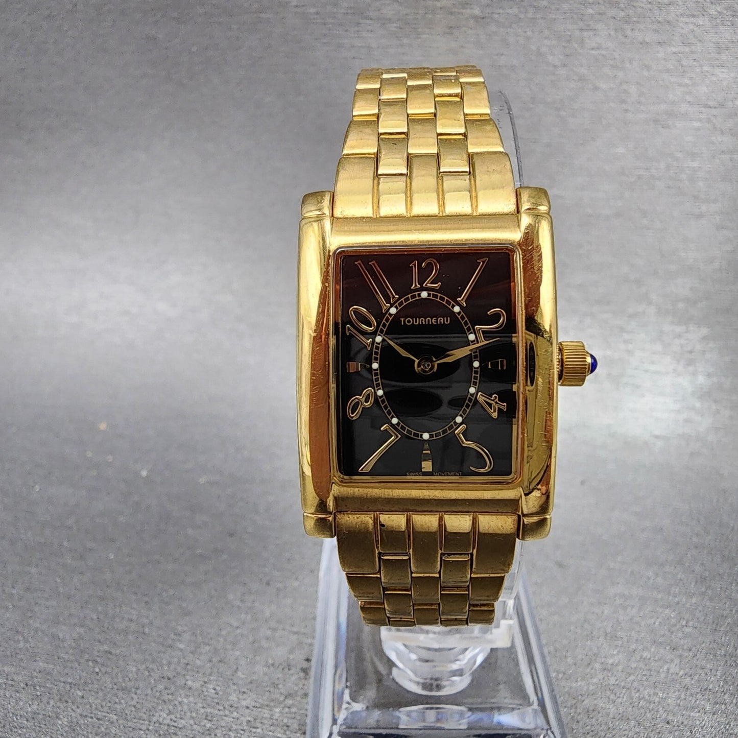 Tourneau Tank Watch Women 22mm Black Dial Gold Tone Rectangle READ New Battery0