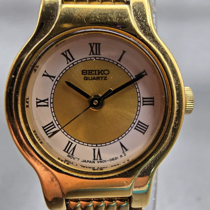Seiko Watch Women 19mm Gold Dial Gold Tone Round V401-0289 New Battery Vintage1