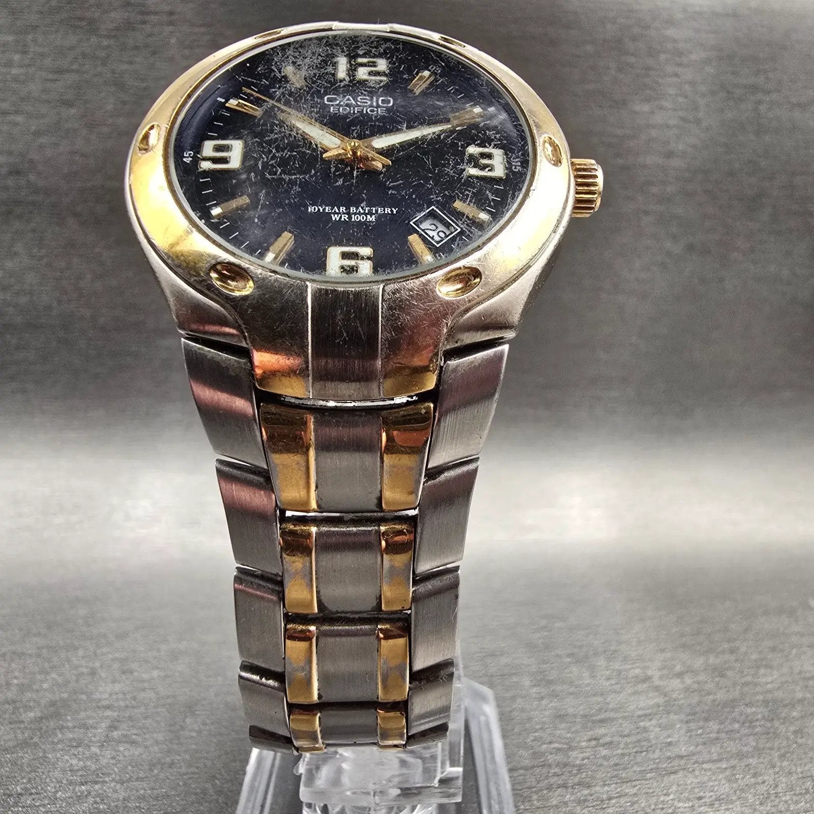 Casio Edifice Watch Men 37mm Blue Dial Two Tone Date Round EF-106 New Battery 125