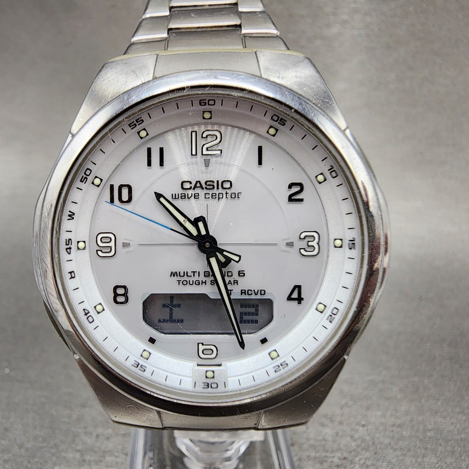 Casio Wave Ceptor Watch Men 41mm White Dial Silver Tone Solar WVAM600 Works0