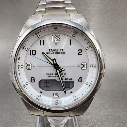 Casio Wave Ceptor Watch Men 41mm White Dial Silver Tone Solar WVAM600 Works0