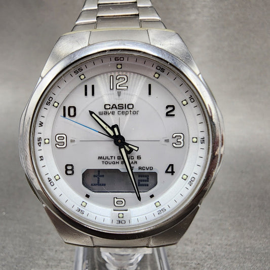 Casio Wave Ceptor Watch Men 41mm White Dial Silver Tone Solar WVAM600 Works0