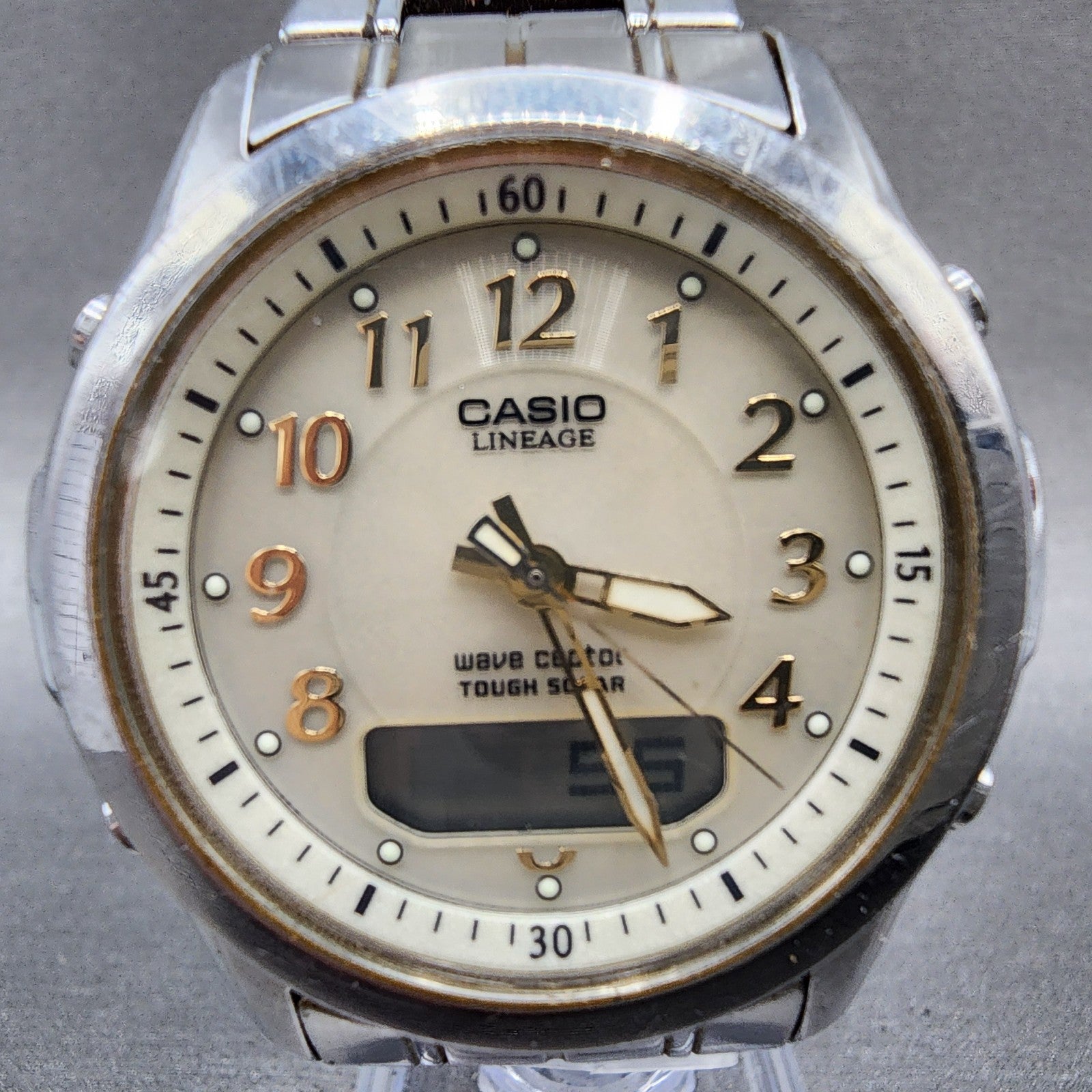 Casio Lineage Watch Men 41mm White Dial Silver Tone Analog Digital Solar Runs1