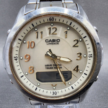 Casio Lineage Watch Men 41mm White Dial Silver Tone Analog Digital Solar Runs1