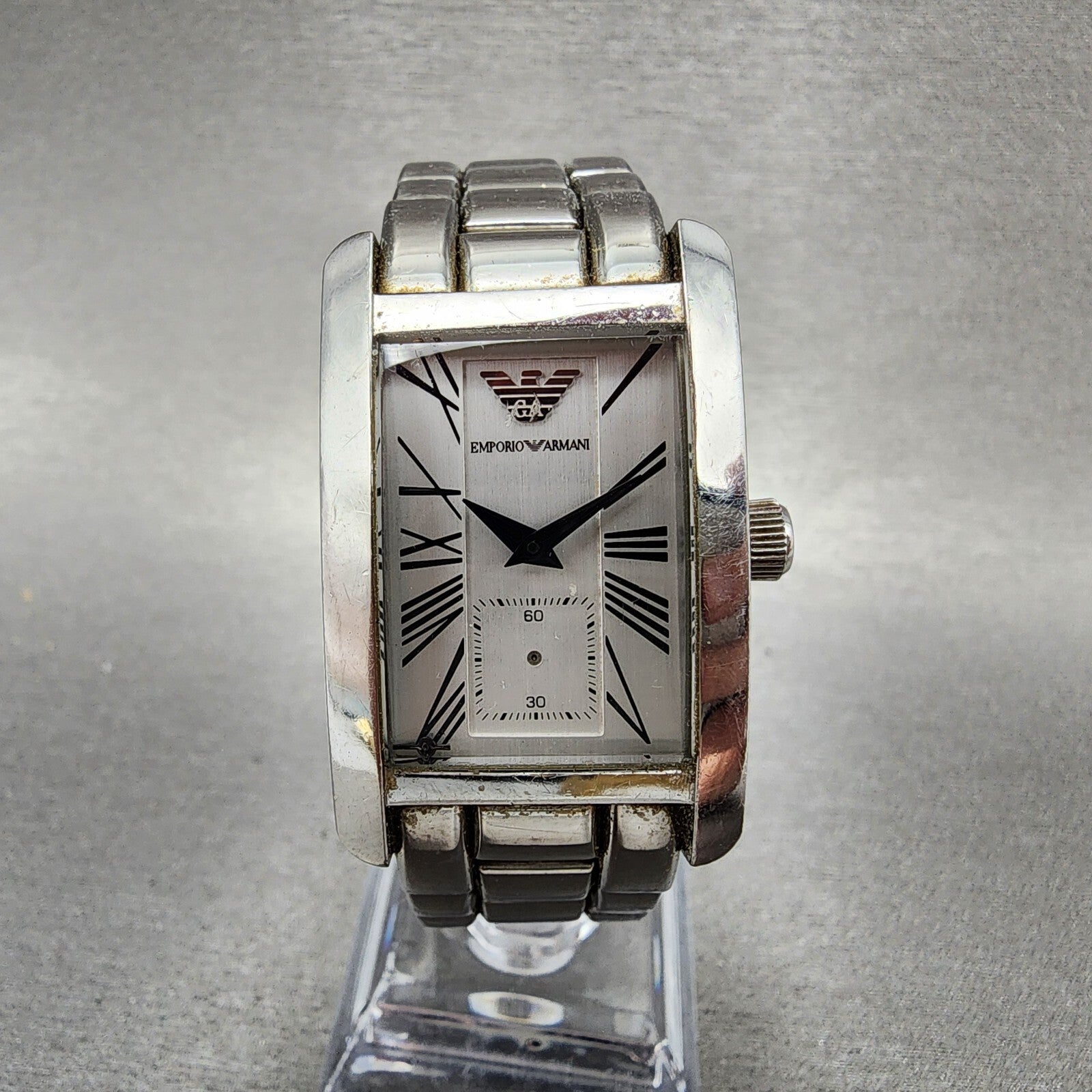 Emporio Armani Tank Watch Men 25mm White Dial Steel Small Seconds AR0146 PARTS0