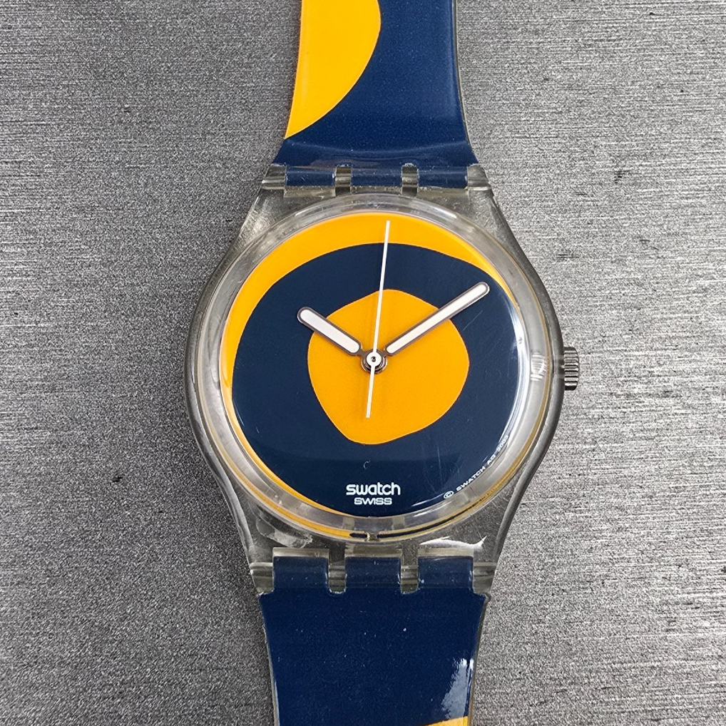 Swatch Kymata Watch Men 34mm Blue Dial Clear Case Round GE148 New Battery0