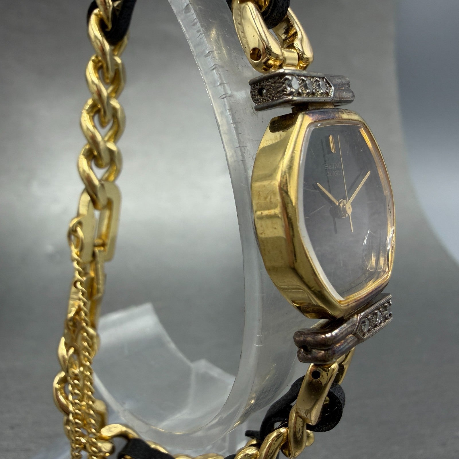 Seiko Watch Women 20mm Black Dial Gold Tone Octagon 1221-5130 New Battery VTG3