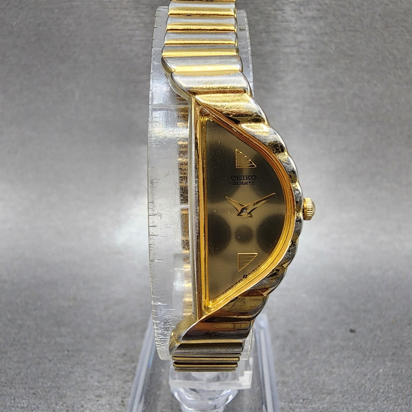 Seiko Halfmoon Watch Women 14mm Gold Dial Gold Tone Asymmetrical New Battery PL10