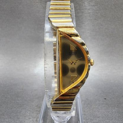 Seiko Halfmoon Watch Women 14mm Gold Dial Gold Tone Asymmetrical New Battery PL10