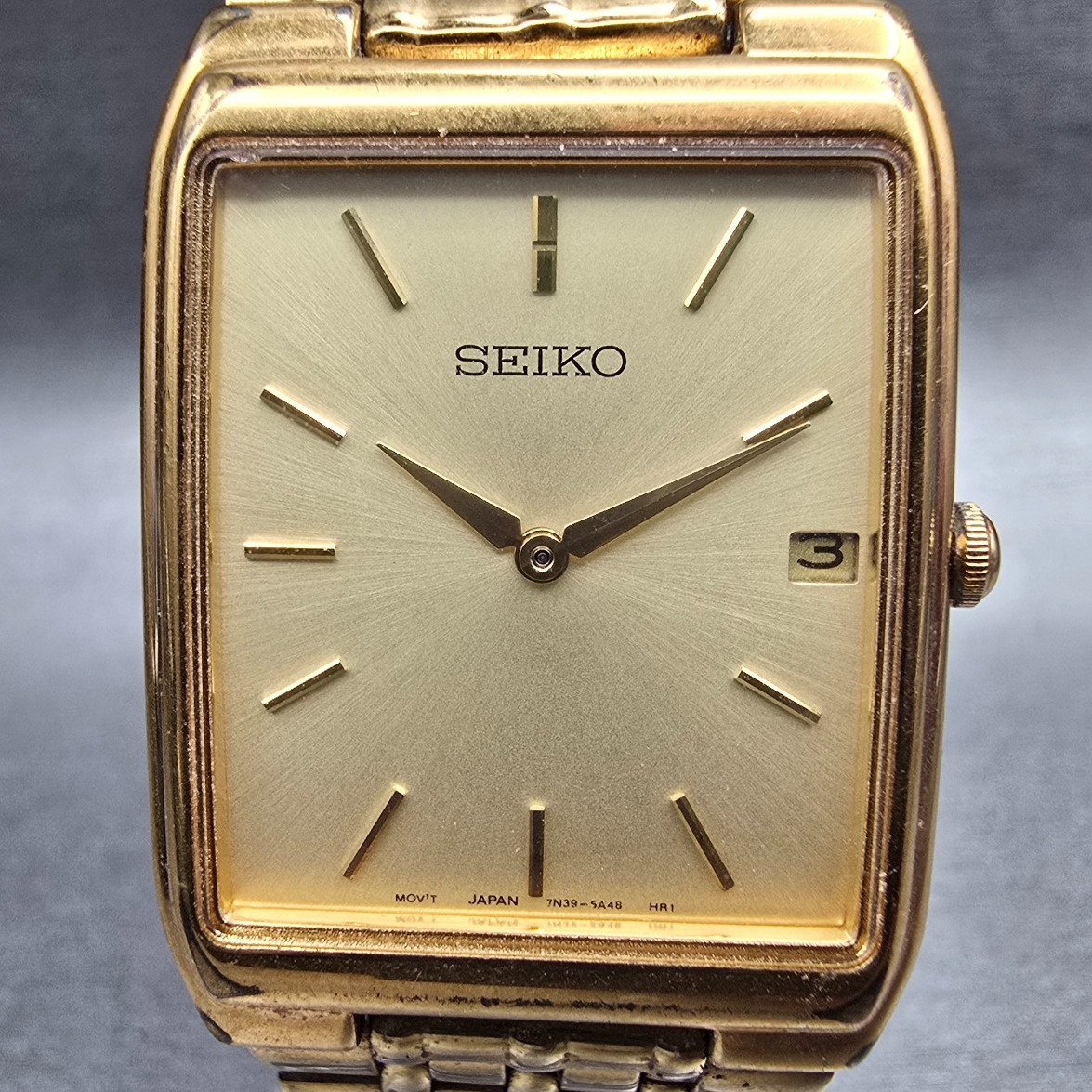 Seiko Watch Men 27mm Champagne Dial Gold Date Rectangle 7N39-5A39 New Batt91