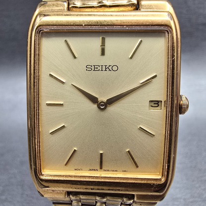Seiko Watch Men 27mm Champagne Dial Gold Date Rectangle 7N39-5A39 New Batt91