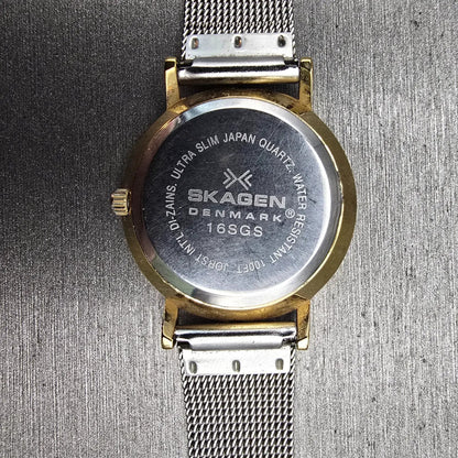 Skagen Denmark Watch Women 28mm Silver Dial Two Tone Date Round 16SGS New Batt10