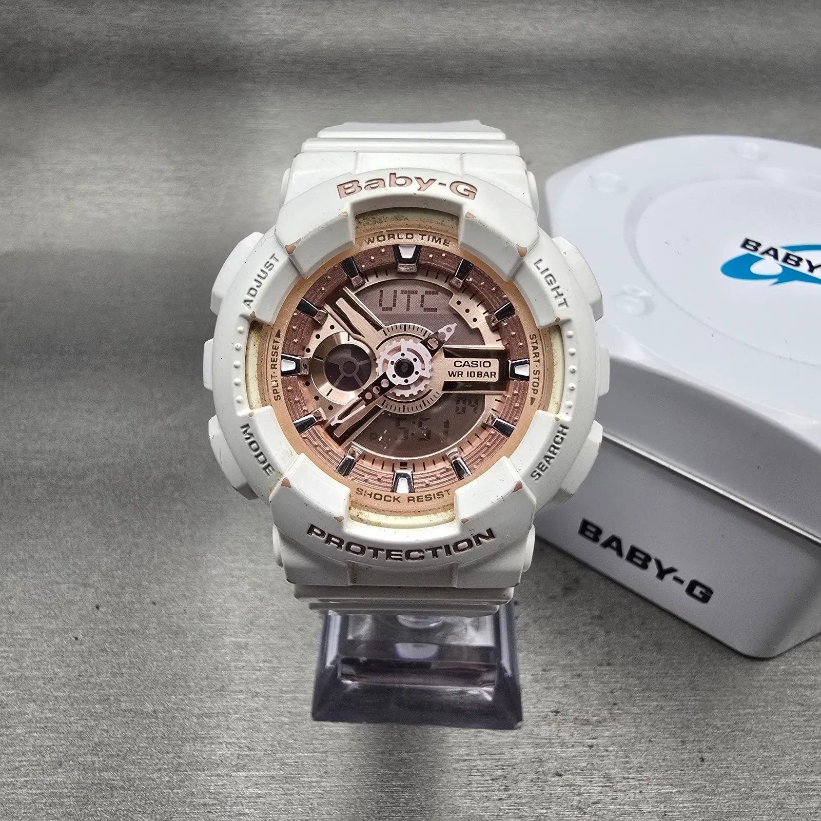 Casio Baby-G BA-100 Watch Women 42mm Rose Gold Dial White Chrono Alarm New Batt0