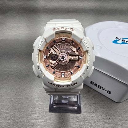 Casio Baby-G BA-100 Watch Women 42mm Rose Gold Dial White Chrono Alarm New Batt0