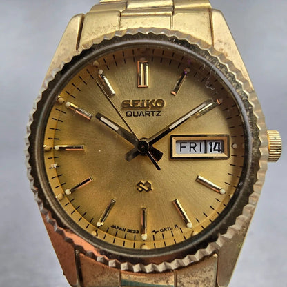 Seiko SQ Watch Women 24mm Gold Dial Gold Tone Daydate Round 3E23-0A69 New Batt1