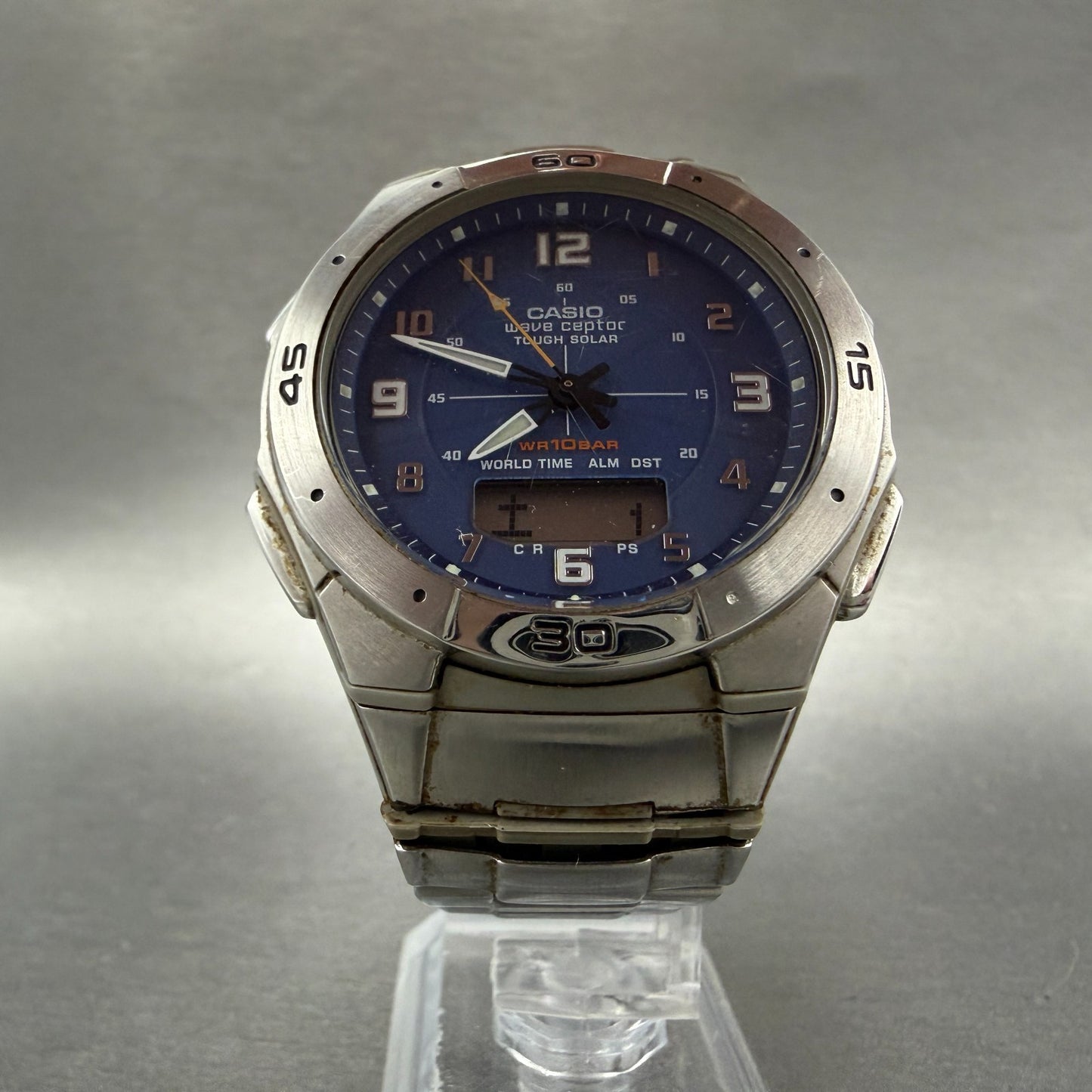 Casio Wave Ceptor Solar Watch Men 42mm Blue Dial Analog Digital Steel Runs5