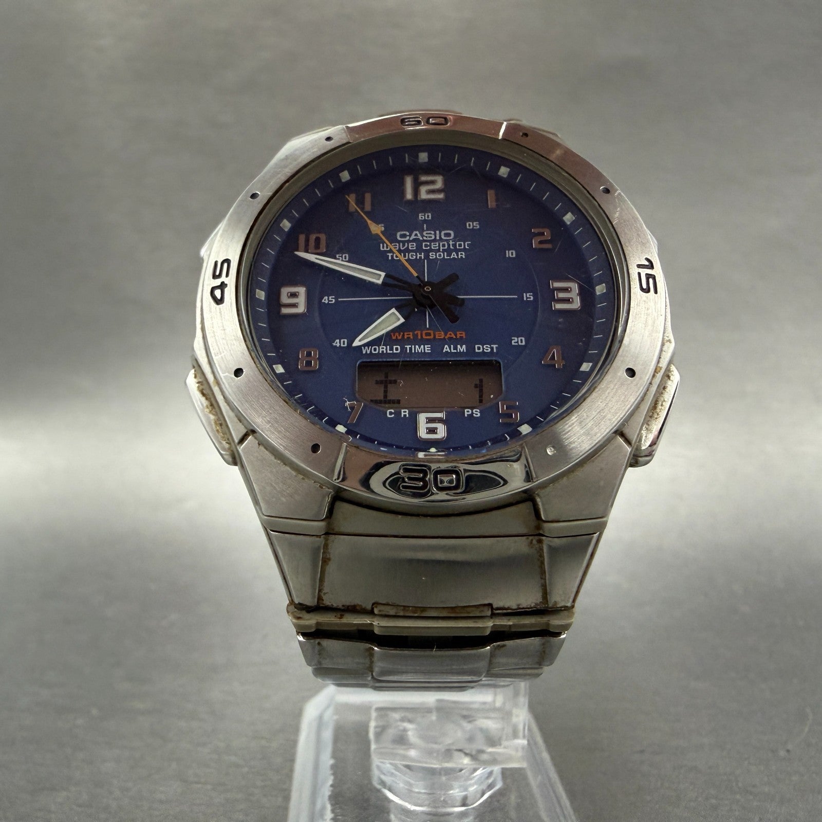 Casio Wave Ceptor Solar Watch Men 42mm Blue Dial Analog Digital Steel Runs5